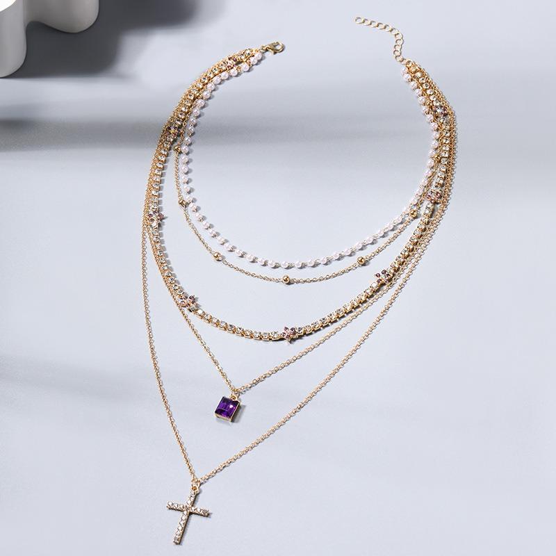 Jewelry exaggerated diamond-set cross necklace personalized stacking square diamond pendant full of diamond stars