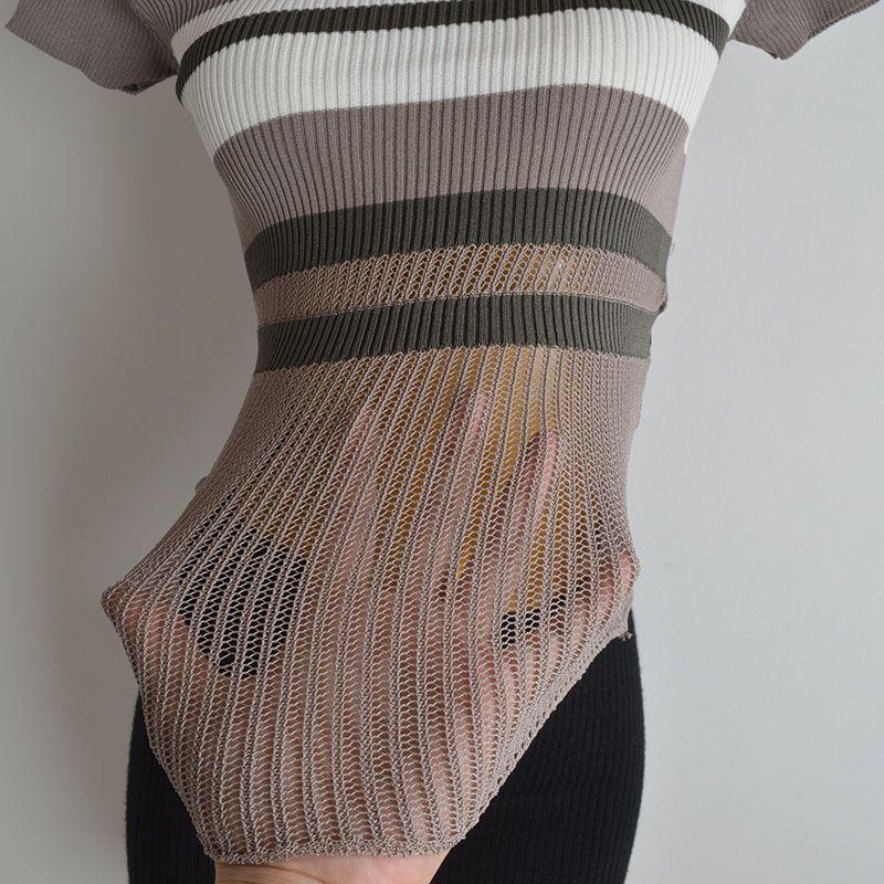 Stripe Contrast Color Round Neck Short Sleeve Knit Women Summer New Slim Fit Slimming Patchwork Hollow T-shirt Top
