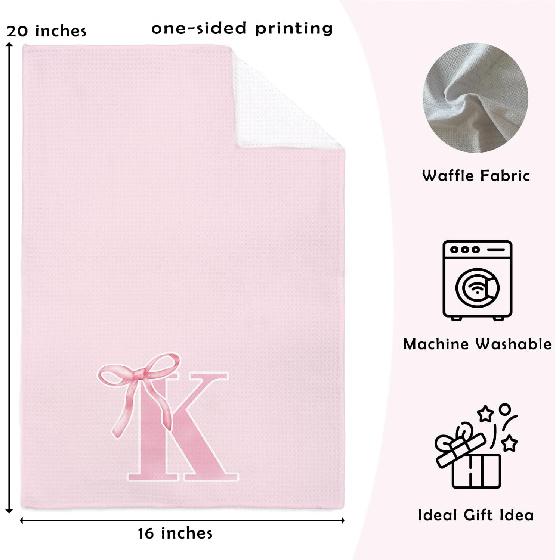 Coquette Pink Bows Personalized Kitchen Towels, Initial K Letter Decor, Pink Monogrammed Hand Towels for Bathroom, Sweet Dish Towels for Kitchen