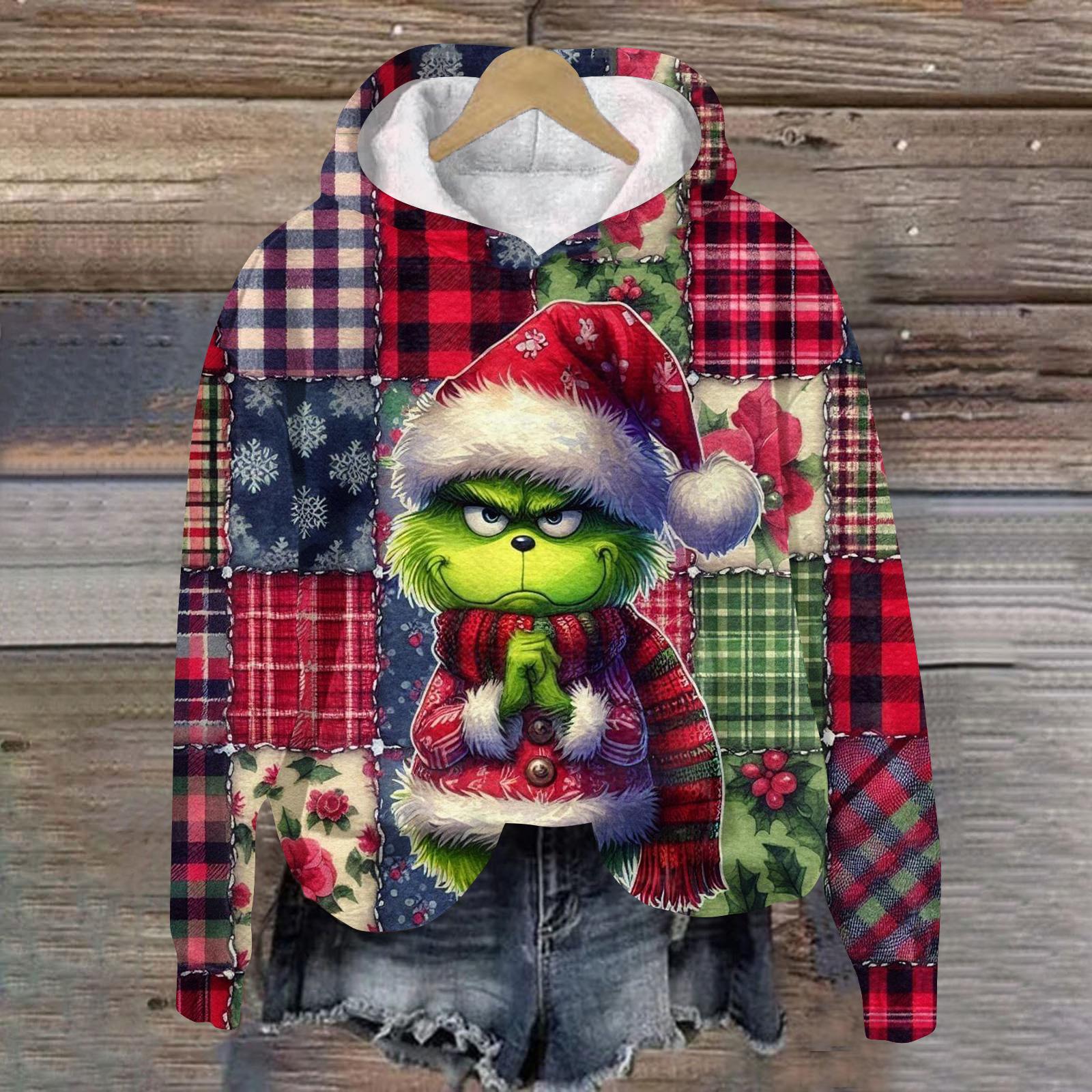 

Ladies Christmas Greentown Print Casual Long Sleeved Hooded Sweatshirt Top XXL винний