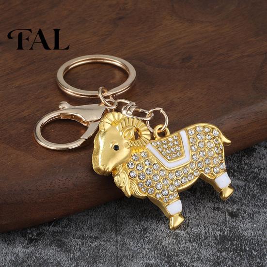 Durable Metal Keychain Zodiac with Rhinestones, Sheep Design Bag Pendant, Chinese New Year Lucky Goat Key Charm, Feng Shui Ornament for Car