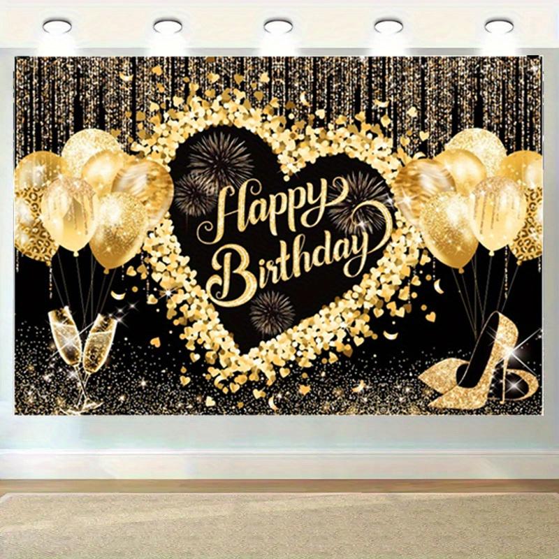 Of Elegant Happy Birthday Anniversary Banner, Hard-wearing Polyester, Gold & Black Theme with Balloons, Stars, Champagne Motif, Perfect for Party,