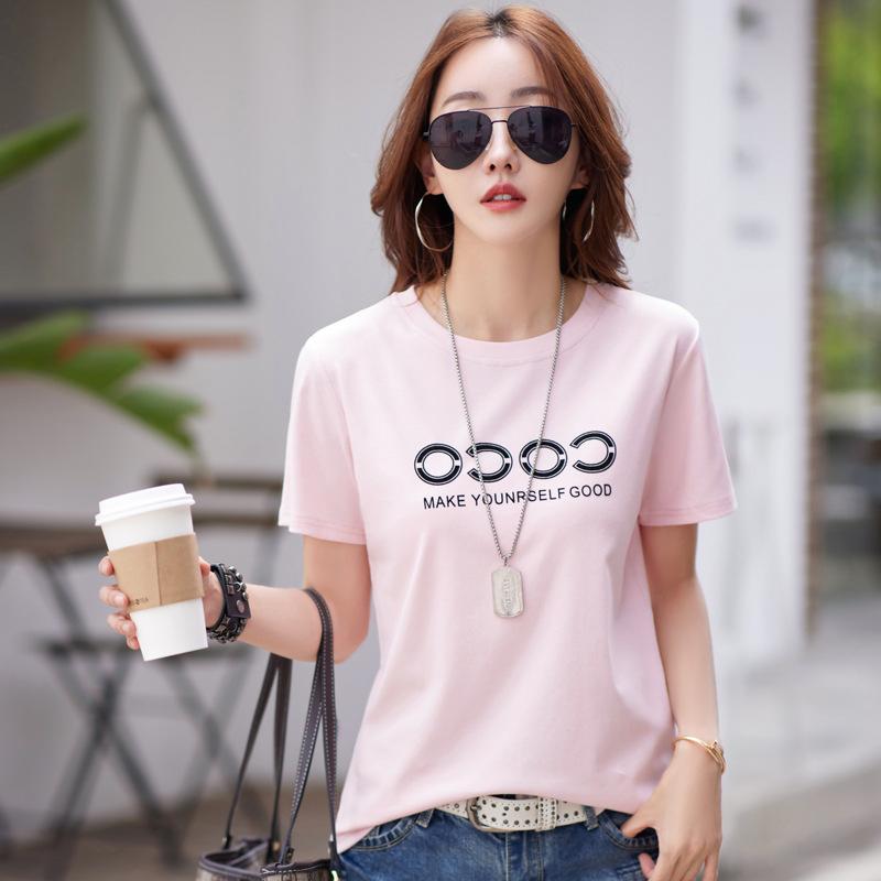 

Летняя женская футболка с круглым вырезом и буквенным принтом, топ с короткими рукавами M розовый