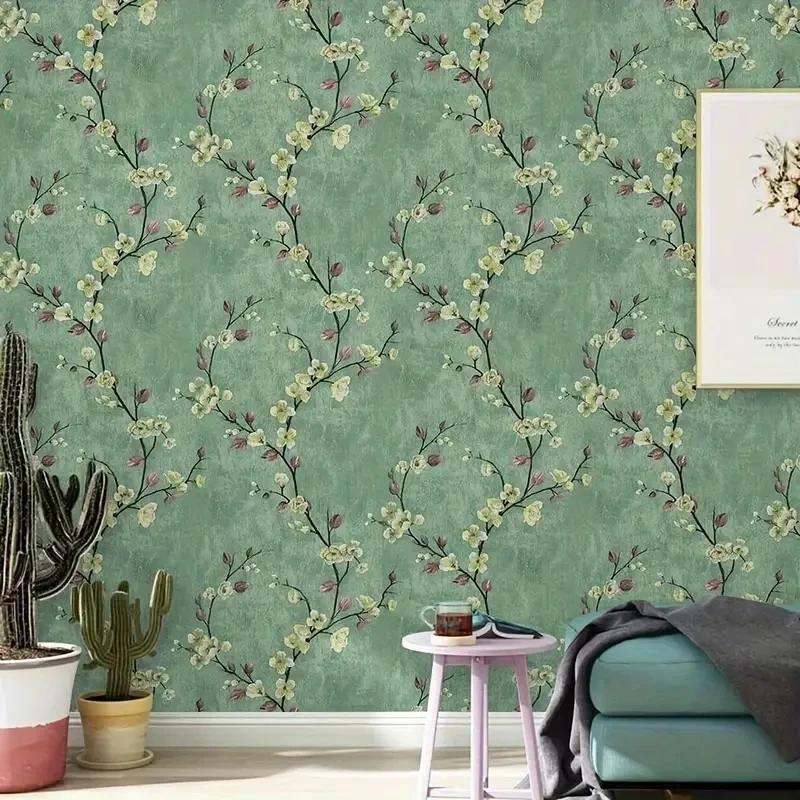 Retro Grüne Pflaumenblüte Tapete Blume Abziehbar und Aufklebbar Wandpapier Wasserdicht Abnehmbar Kontaktpapier Wohnzimmer Schlafzimmer Dekoration