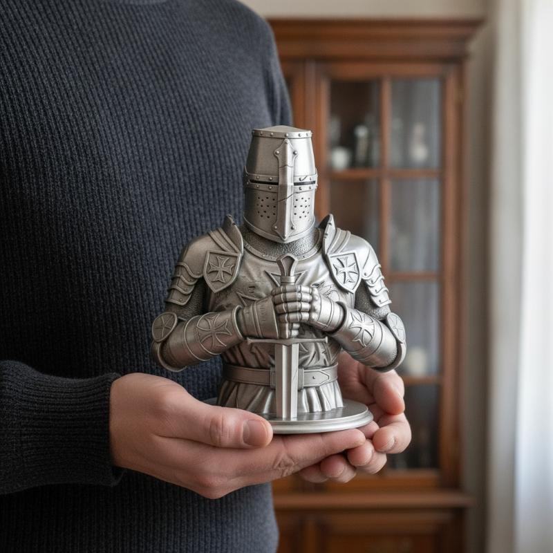 3D-printet Sølv Tempelridder Buste Statue Gotisk Skulptur Historisk Ornament Til Skrivebord Hjemmeindretning Samlerobjekt Gave