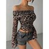 Fashion Spring and Autumn Women's Sexy One-Shoulder Long Sleeve Shirt Women's Leopard Print Top Sexy