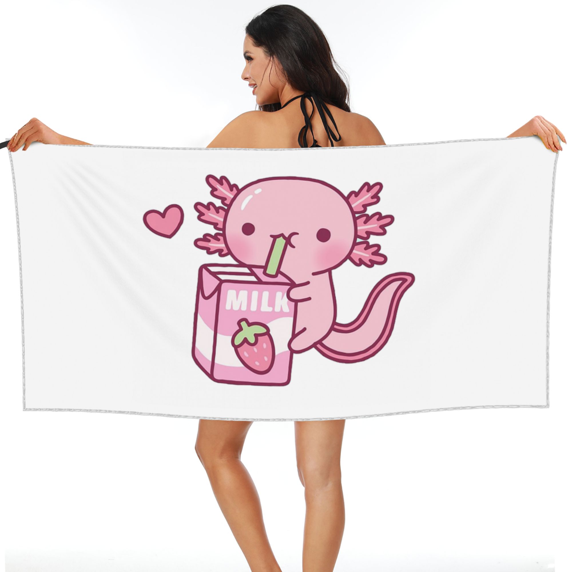 

Cute Axolotl Loves Strawberry Milk Doodle Beach Towel Soft Microfiber Quick Dry Absorbent Quick Towels For Bath W30*H60(CM)