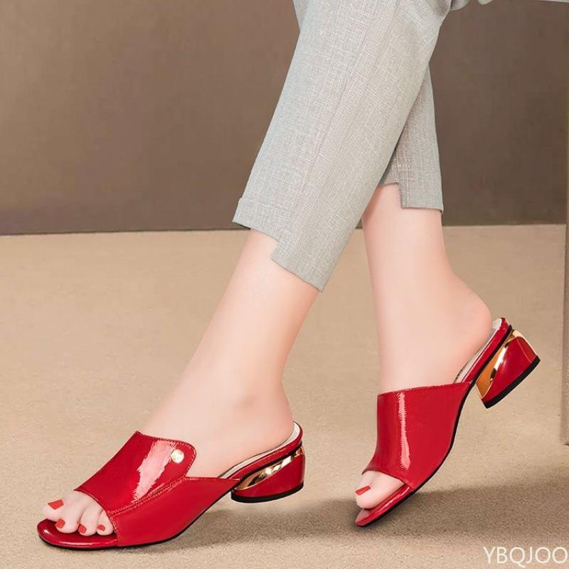 Luxury plus size Women's Slippers Summer new soft leather shoes Fashion fish mouth ladies Shoes Thick heel open toed slippers