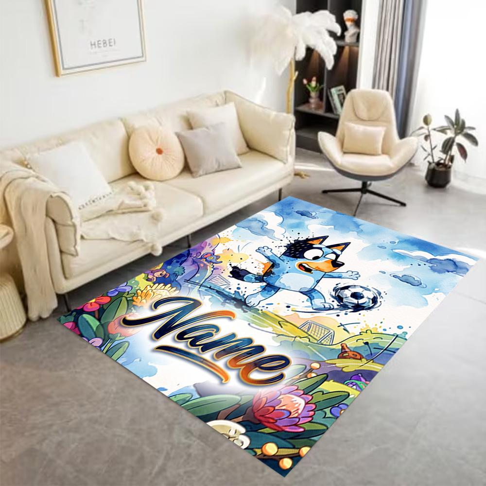 Bluey Soccer Adventure Personalized Text Floor Mat Perfect for Entryway Outdoor Playrooms Dining Room Antislip Carpet Decorate Offices