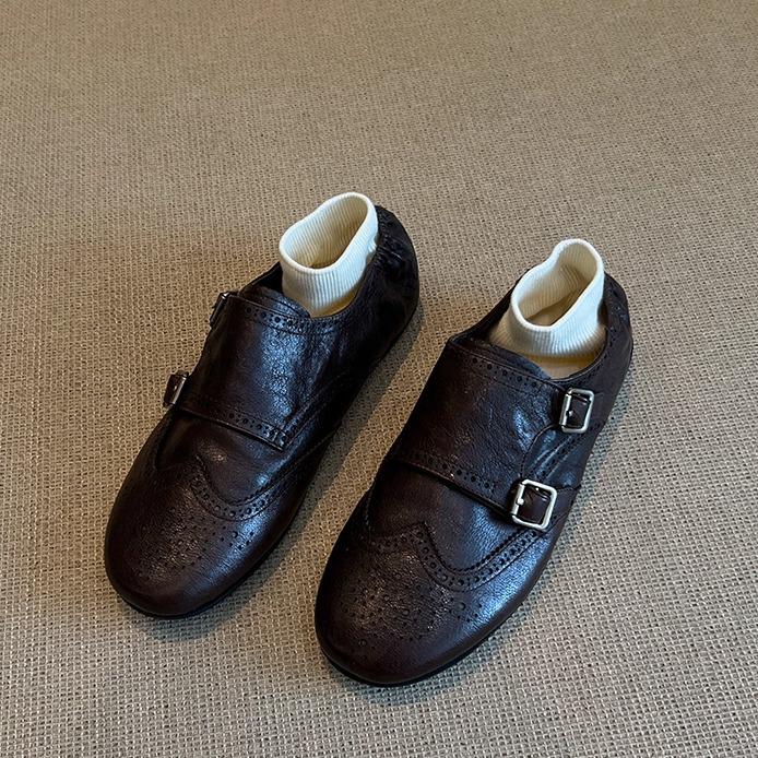 

In Stock: Retro British Style Women s Genuine Leather Brogues – Carved Belt Buckle Loafers 38