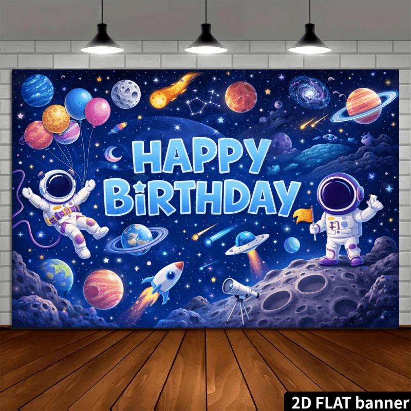 Space Space Birthday Background Cloth, Deep Blue Starry Sky with Light Blue Glitter "Happy Birthday" Character, Astronaut