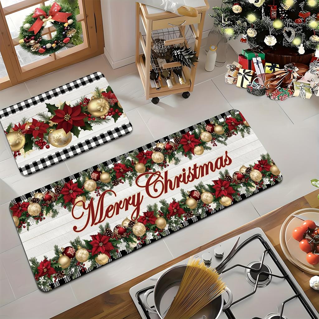 2Pcs Anti Fatigue Kitchen Rugs Christmas Waterproof Non-Slip Thick Cushioned Kitchen Mat Heavy Duty Comfort Standing Mat for Kitchen