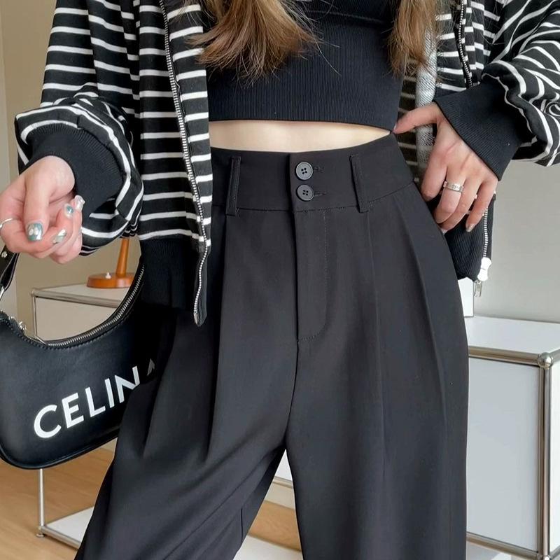 Women's High-End Black Drapey Straight-Leg Wide Suit Pants - Slimming, Casual Fit for Spring/Summer, Ideal for Pear-Shaped Bodies.