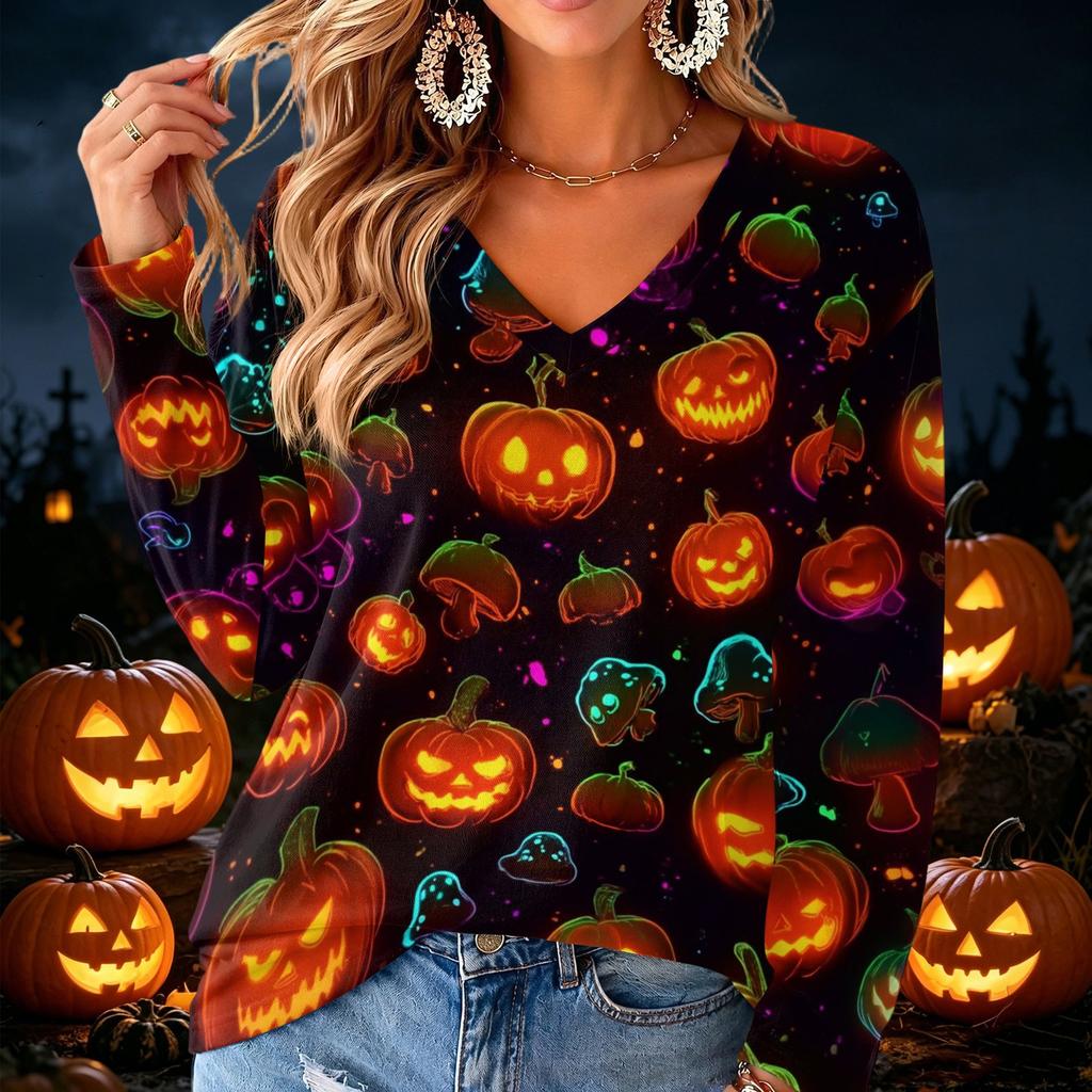 Women's V-Neck Long Sleeve Lightweight Halloween Print Blouse for Casual Wear