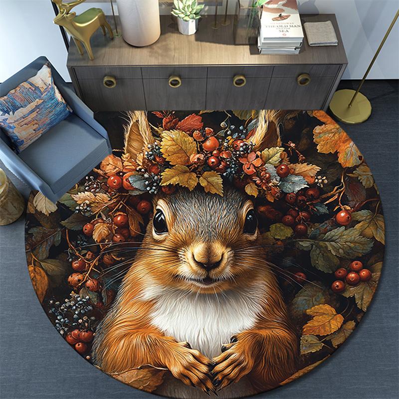 Herbst-Eichhörnchen Runder Teppich, Teppich für Wohnzimmer Schlafzimmer Sofa Spielzimmer Dekor, Rutschfeste Fußmatte