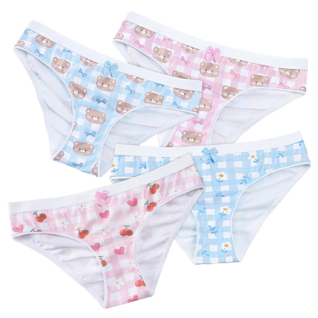 LittleForBig Women's Cotton Panties, Baby Bear, Bowknot, Blue and Pink, Set of 4, Size L