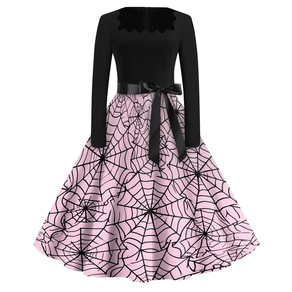 Women's Casual Vintage Dress with Halloween Print Square Neck for Daily Wear