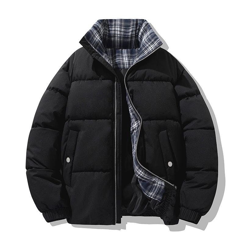 Jesienno-zimowa bawełniana kurtka w kratę wersja koreańska płaszcz z klapami luźna i wszechstronna bawełniana kurtka ze stójką dla mężczyzn