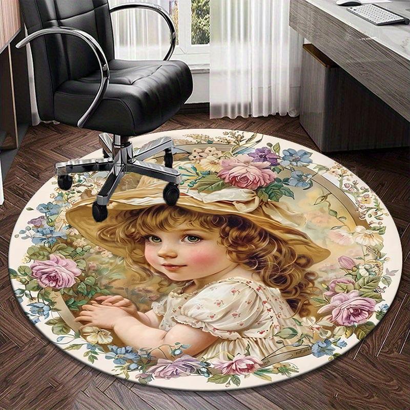 Floral Fantasy: Child's Garden Round Carpet Chair Cushion Round Entryway Rug, Soft Round Rugs for Living Room, Bedroom, Circle Carpet Decor Gifts