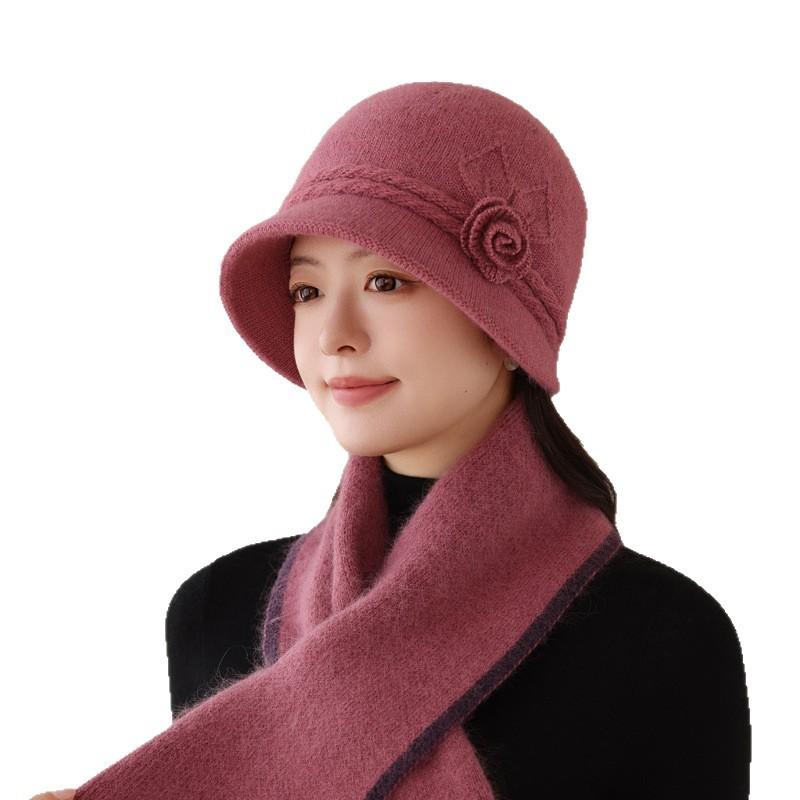 Autumn And Winter Hats Women'S Solid Color Flower High-End Mother Hat Plush Rabbit Fur Warm Knitted Wool Hat