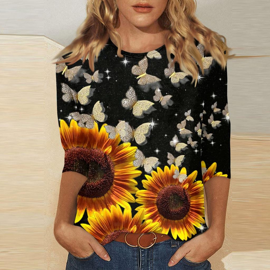 Tricouri casual de damă cu mâneci 3/4 Topuri cu gâtul O