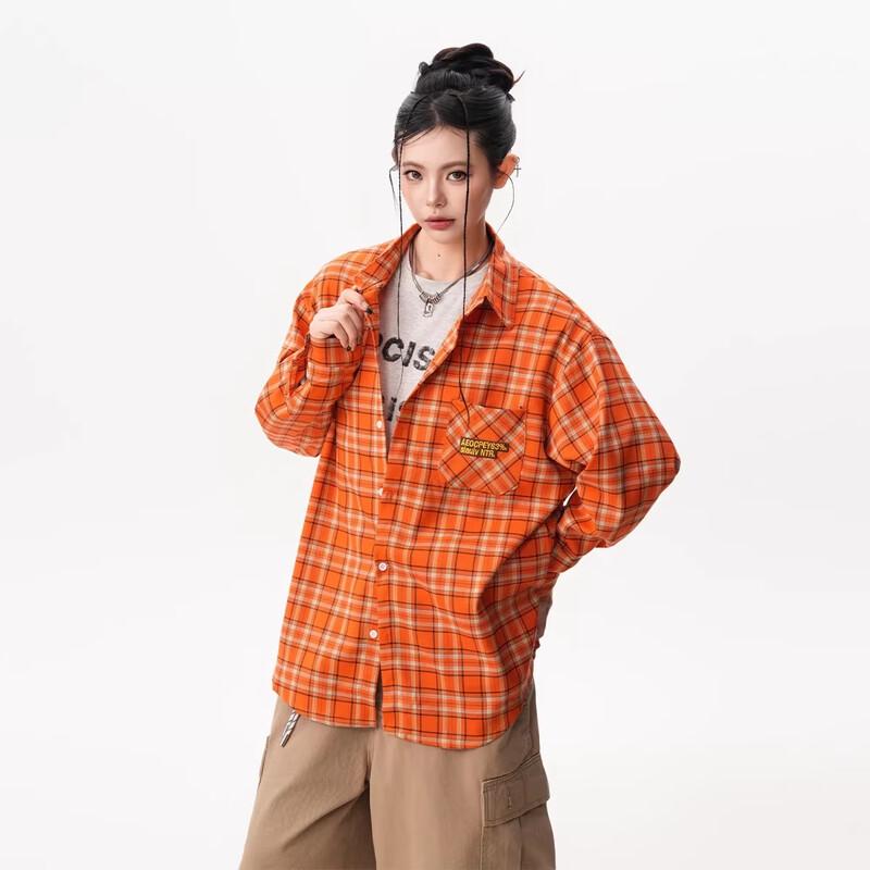 BWKA Unisex American Retro Orange Plaid Embroidered Shirt XXL