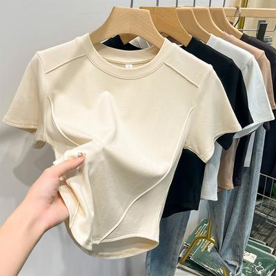 Cămașă subțire cu oase de pește, cu mânecă scurtă, cu gât rotund, cu mânecă scurtă, vară, tricou cu fundul interior neregulat Top pentru femei