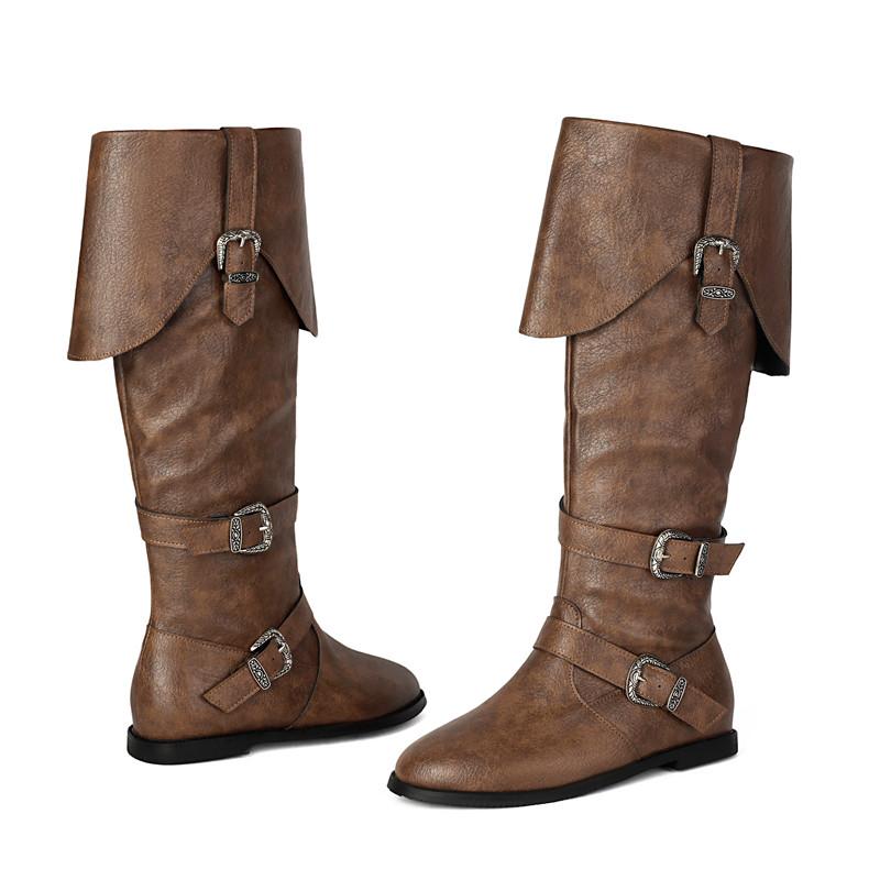 Women's Flat Boots Autumn and Winter New Solid Color Belt Buckle Decorative Large Size Roman Medium Boots