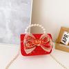 Red Adorable Pu Handbag For Kids Featuring Bow Design And Trendy Strap Chain