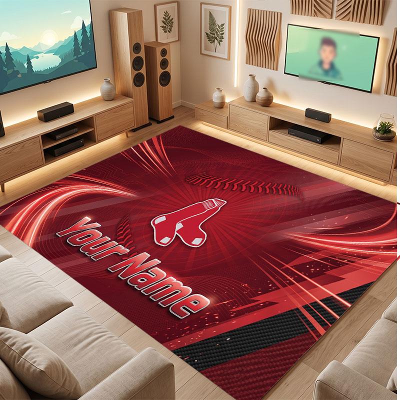 Boston Red Sox Personalized Crystal Velvet Carpet, Customized Name Text Soft Anti‑Slip Rug for Living Room Bedroom