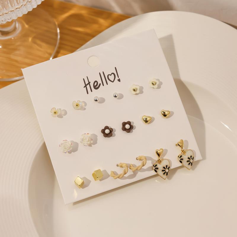 1Set Simple And Compact Silver Needle Earring Set Love Geometric Earring Combination Cute Sweet And Versatile Earrings
