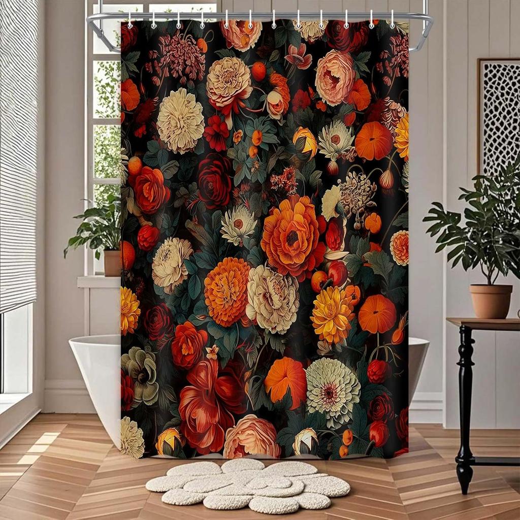 Floral Shower Curtain for Bathroom,Vintage Floral Shower Curtain Set Orange Flower Plants Bathroom Curtains Decor,Waterproof