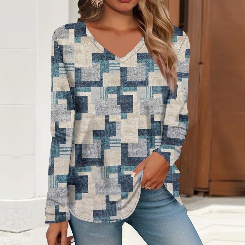 Autumn and Winter Women's 3D Checked Printed V-Neck Long Sleeve T-Shirt
