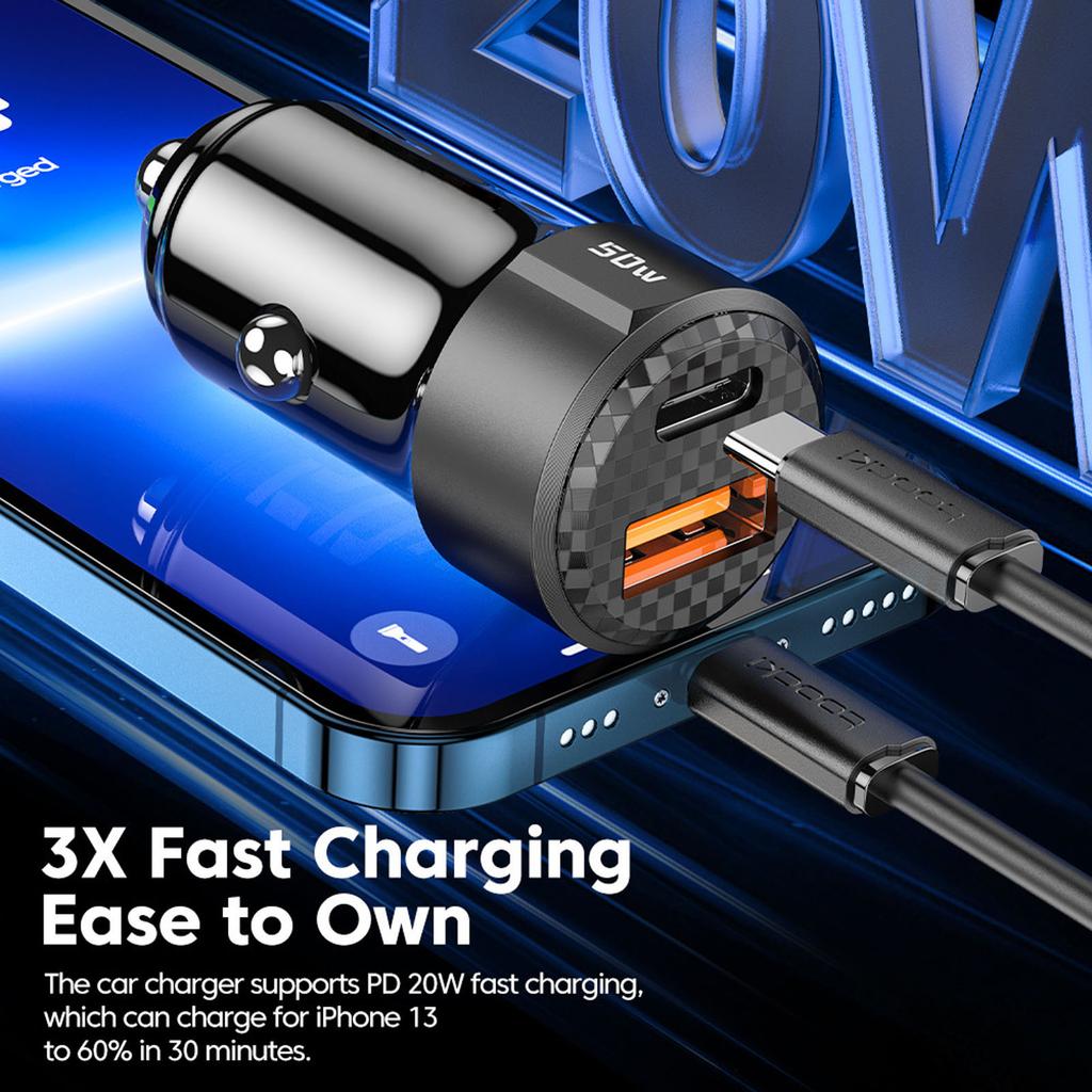 50W Car Charger PD3.0 QC4.0 USB-C Fast Charging Adapter