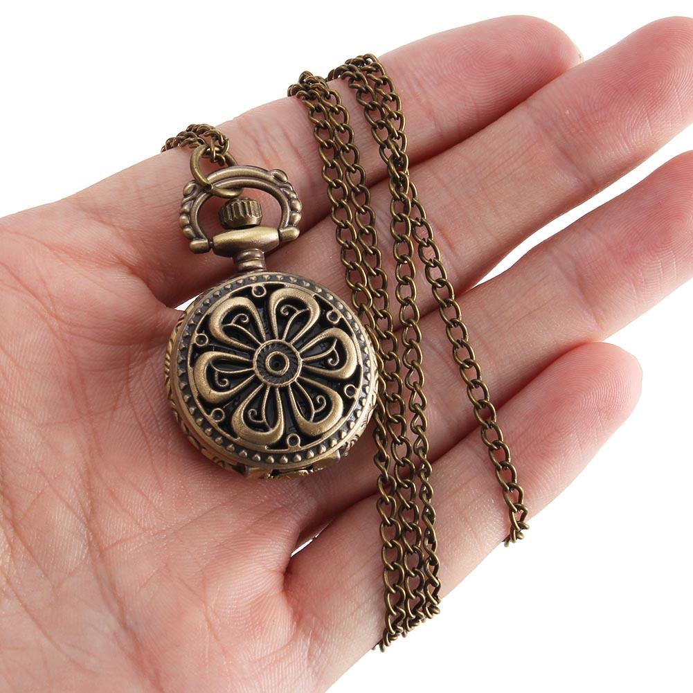 Orologio da tasca moda retrò per uomo donna, bronzo, quarzo, lega, cassa cava con ingranaggi scolpiti, con catena