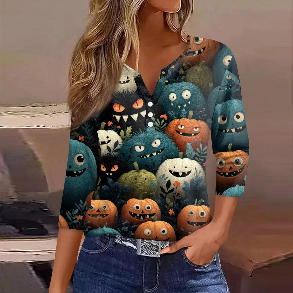 Women's T Shirt Tee Halloween Printed Button 3/4 Sleeve Tunic Daily Weekend Fashion Basic V- Neck Regular Top