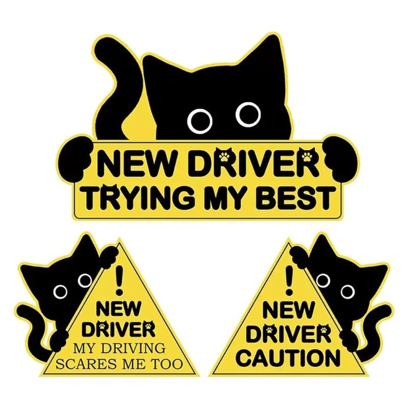 3Pcs Decorative Reflective Safety Decals Funny Black Cats Sticker Automotive New Driver Safety Warning Sign