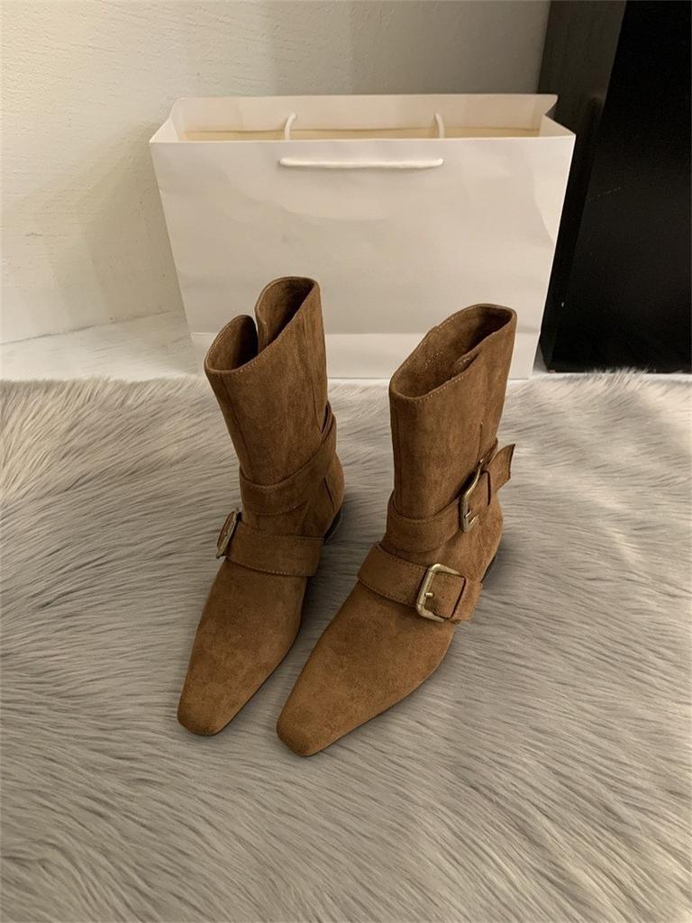 Two Women Wearing Thick Heel Western Cowboy Boots 2025 Autumn and Winter New Belt Buckle Temperament Square Head Short Boots Advanced Sense