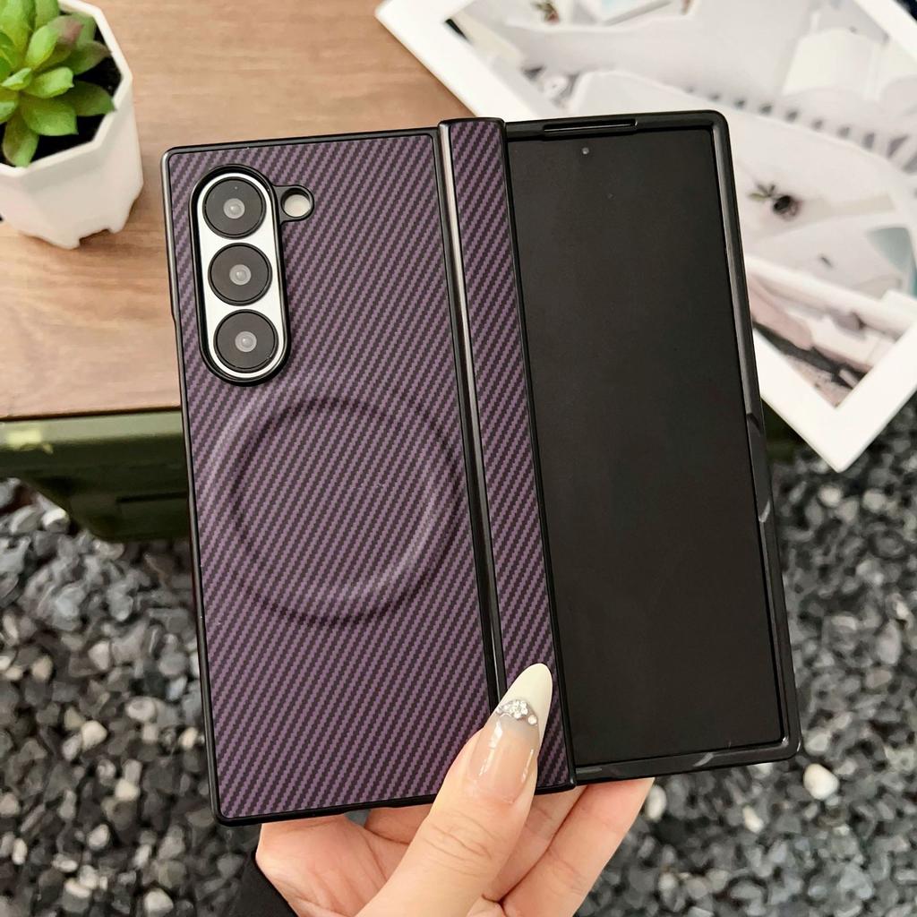 Carbon Fiber Leather Magnetic Phone Case for Samsung Galaxy Z Fold 7 6 5 4 3 Fold 7 Fold6 5G Hinge Protective Cover