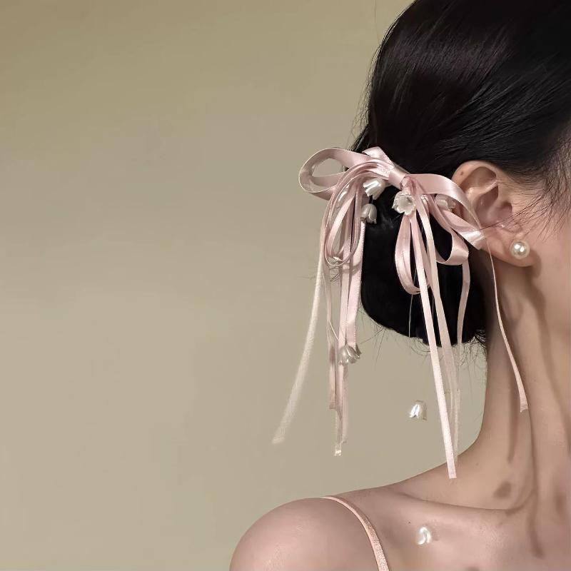 

Cherry Blossom Bell Lily Of The Valley Bow Side Hair Clip Fairy Aesthetic Barrettes For Women Vintage Floral Hair Accessory рожевий