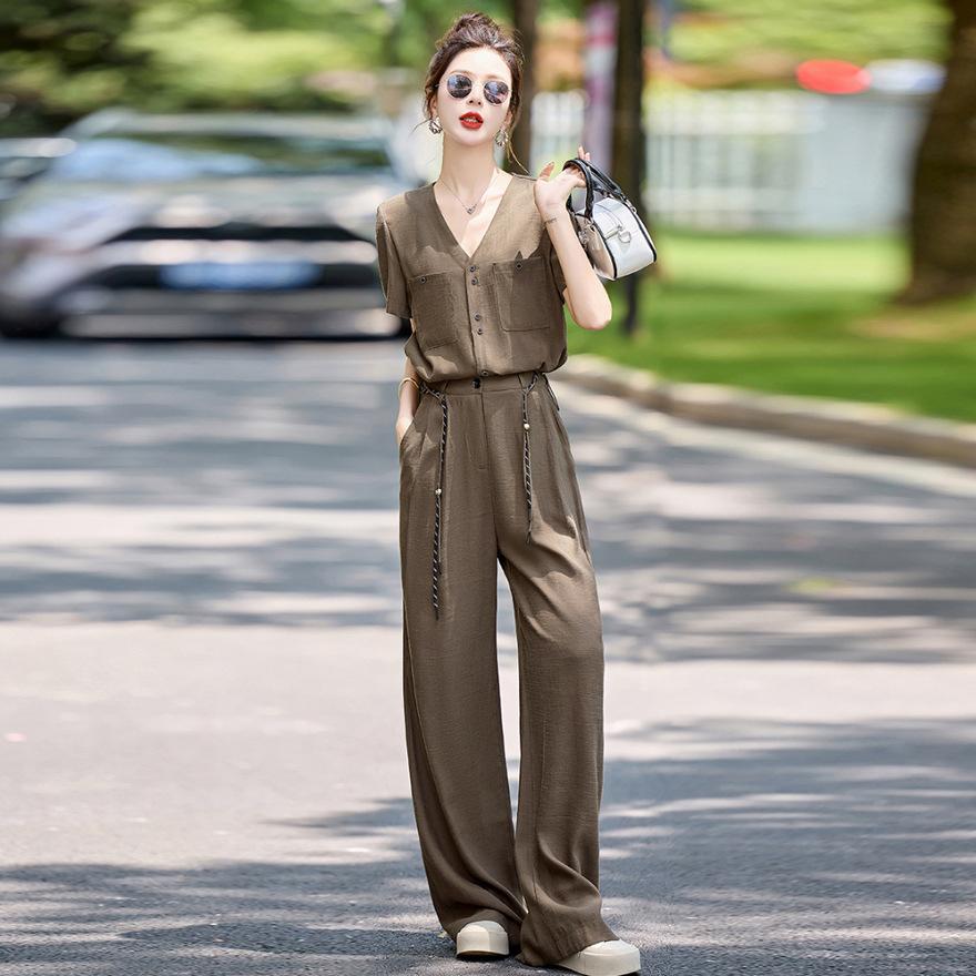 European Casual Fashion Suit Women's Summer New Lazy Loose Wide-leg Pants Two-piece Set