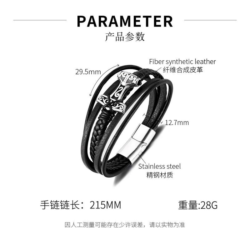European American Retro Leather Bracelet Men s Stainless Steel Trendy Fashion Geometric Multi-layer Woven
