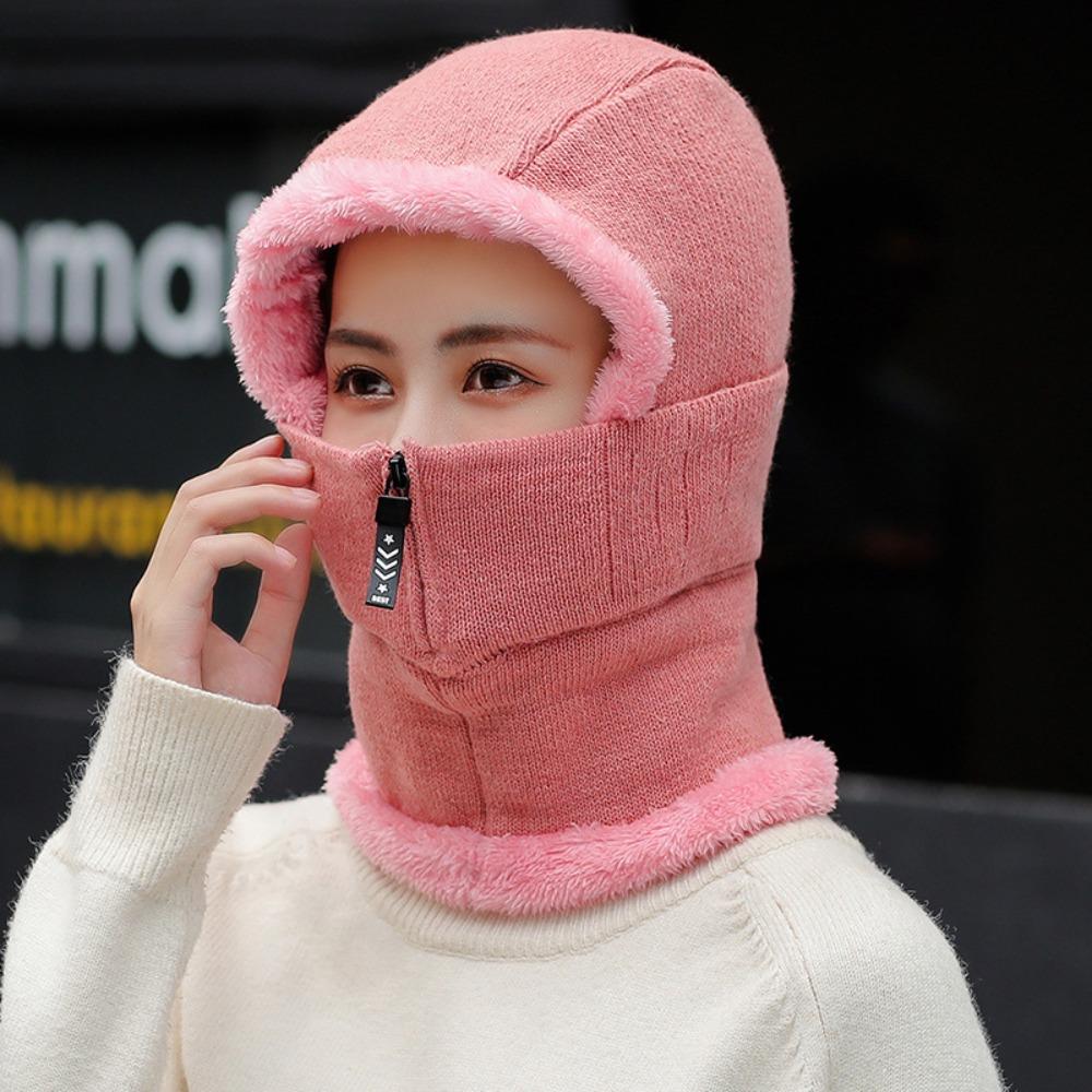 Zipper Hooded Thermal Cap Thickened Knitted Balaclava Cap Simple Knitted Scarf Hat  Outdoor
