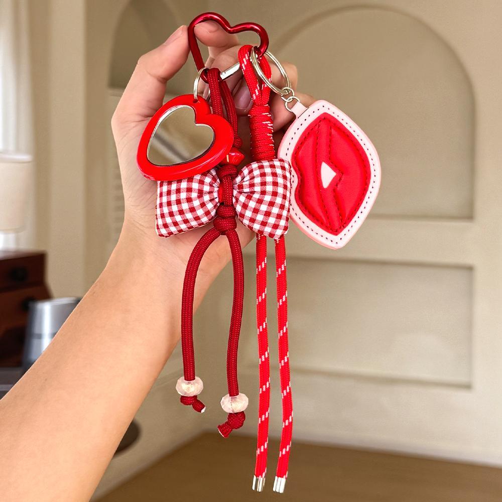 Red Gingham Bow Keychain with Heart Mirror And Lip Pendant Cute Sweet Style Bag/Key Decoration Accessory Braided Rope Material