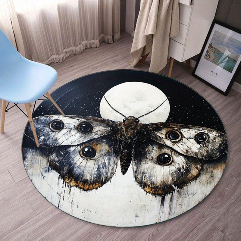

Moth Moon Night Sky Round Crystal Velvet Rug Insect Art Decorative Floor Mat for Living Room Bedroom Home Style Nature Inspired 60cm x 60cm