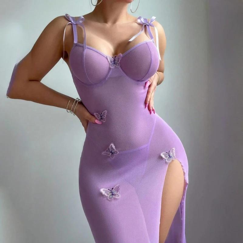 Sexy Lingerie Set Butterfly Applique Mesh See-Through Slit Slimming Erotic Lingerie Dress Set Underwear for Women Wedding