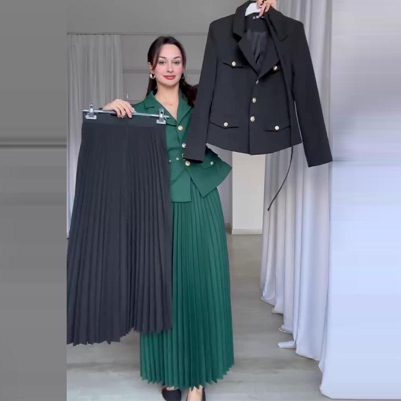 2024 Autumn European & American Solid Color Lapel Suit with Pleated Midi Skirt