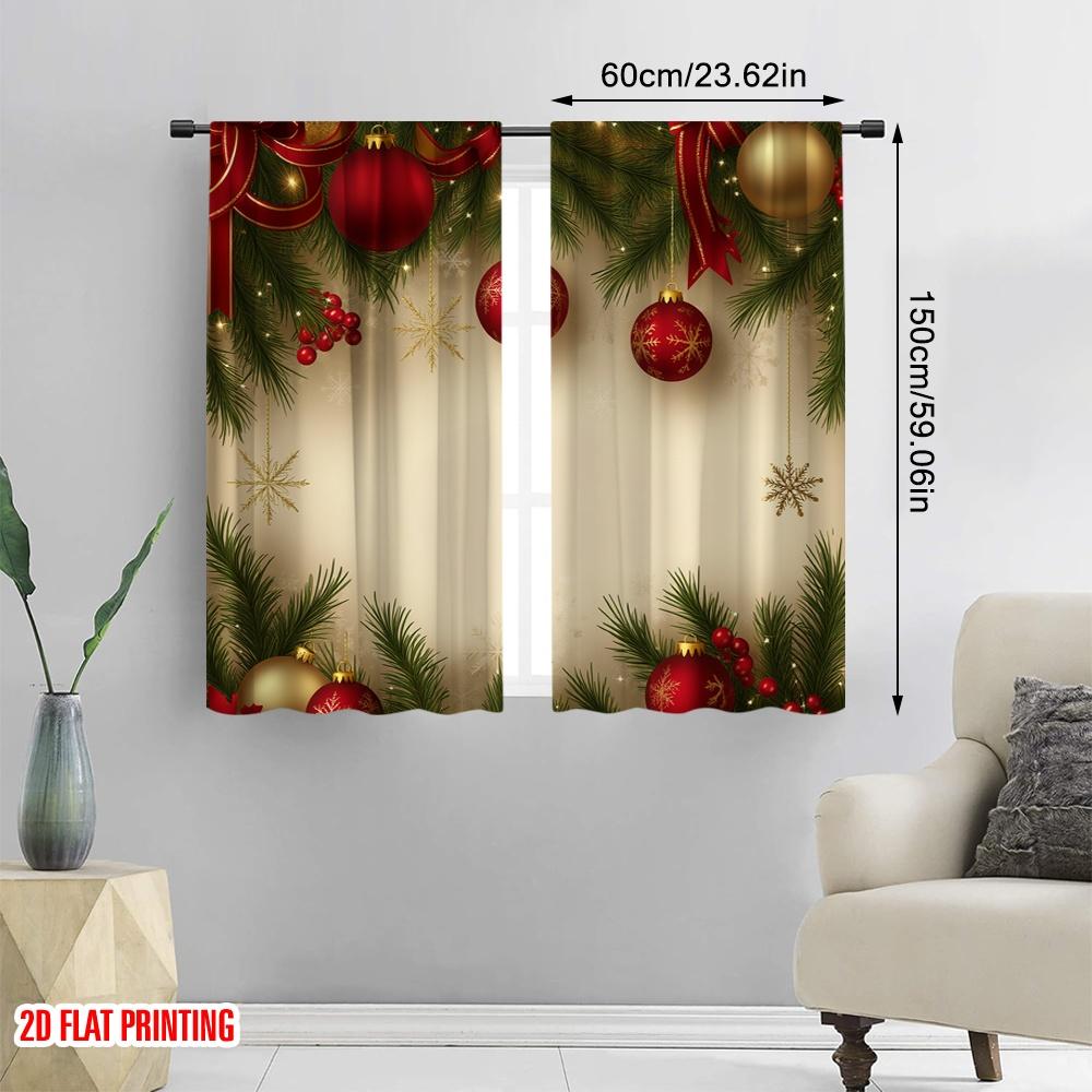 2pcs,2D Plane Printing Contemporary Curtains Christmas Baubles Fir Branches Snowflakes Versatile Durable Polyester (without Rod)