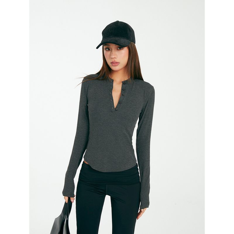 Discoglam 5-Button Henley Shirt Fancy Silm Long Sleeves Bottoming Shirt Tops Outerwear T-shirt Female Spring & Fall