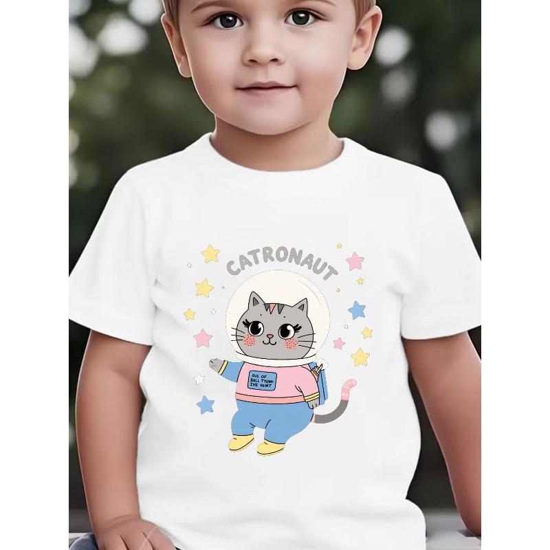 Boys Crewneck Short Sleeve T-Shirt, Cute Astronaut Cat Cartoon Print 110 белый